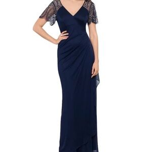 Xscape Navy Beaded Sleeve Dress